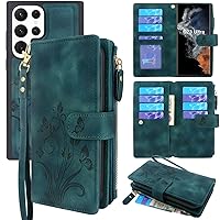 Compatible with Samsung Galaxy S23 Ultra 5G 2023 Case,[12 Card Slots] ID Credit Cash Holder Zipper Pocket Detachable Magnet Leather Wallet Cover with Wrist Strap Lanyard (Floral Cyan)