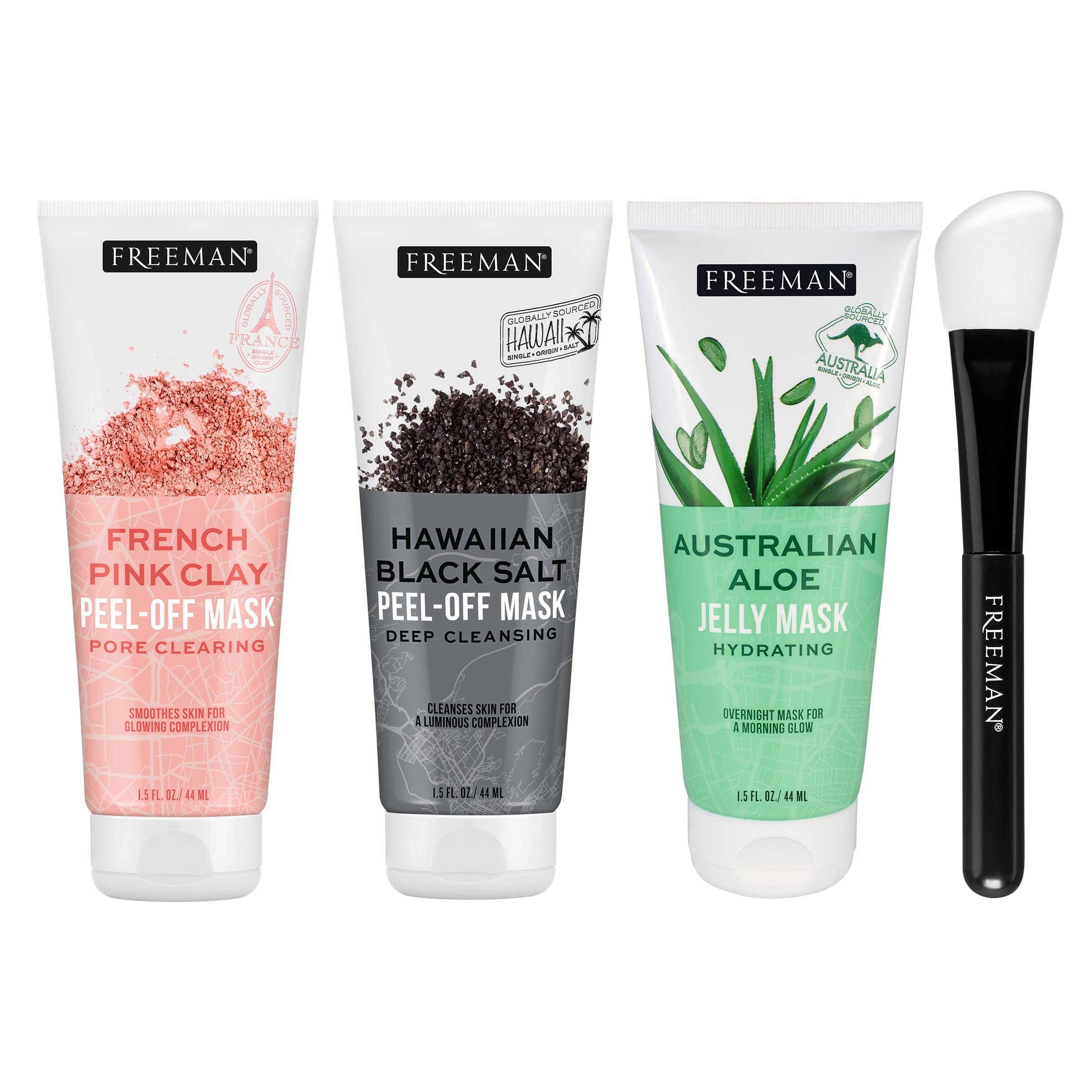 FREEMAN Exotic Facial Mask Blends Kit, Peel-Off & Jelly Masks, Cleansing, Pore-Clearing & Hydrating Facial Masks, For All Skin Types, Includes Silicone Mask Brush, Vegan & Cruelty-Free, 4 Piece Set