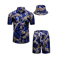 fohemr Mens Luxury Outfit Set Black Gold Shirts And Shorts 2 Piece Chain Print Set Baroque Button Down Suit with Bucket Hats