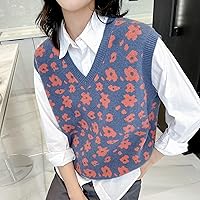 Women's Knitted Sweater Vest - Fashion Short V-Neck Loose Cashmere Knit Waistcoat Jacket, Flowers Sleeveless Plus S