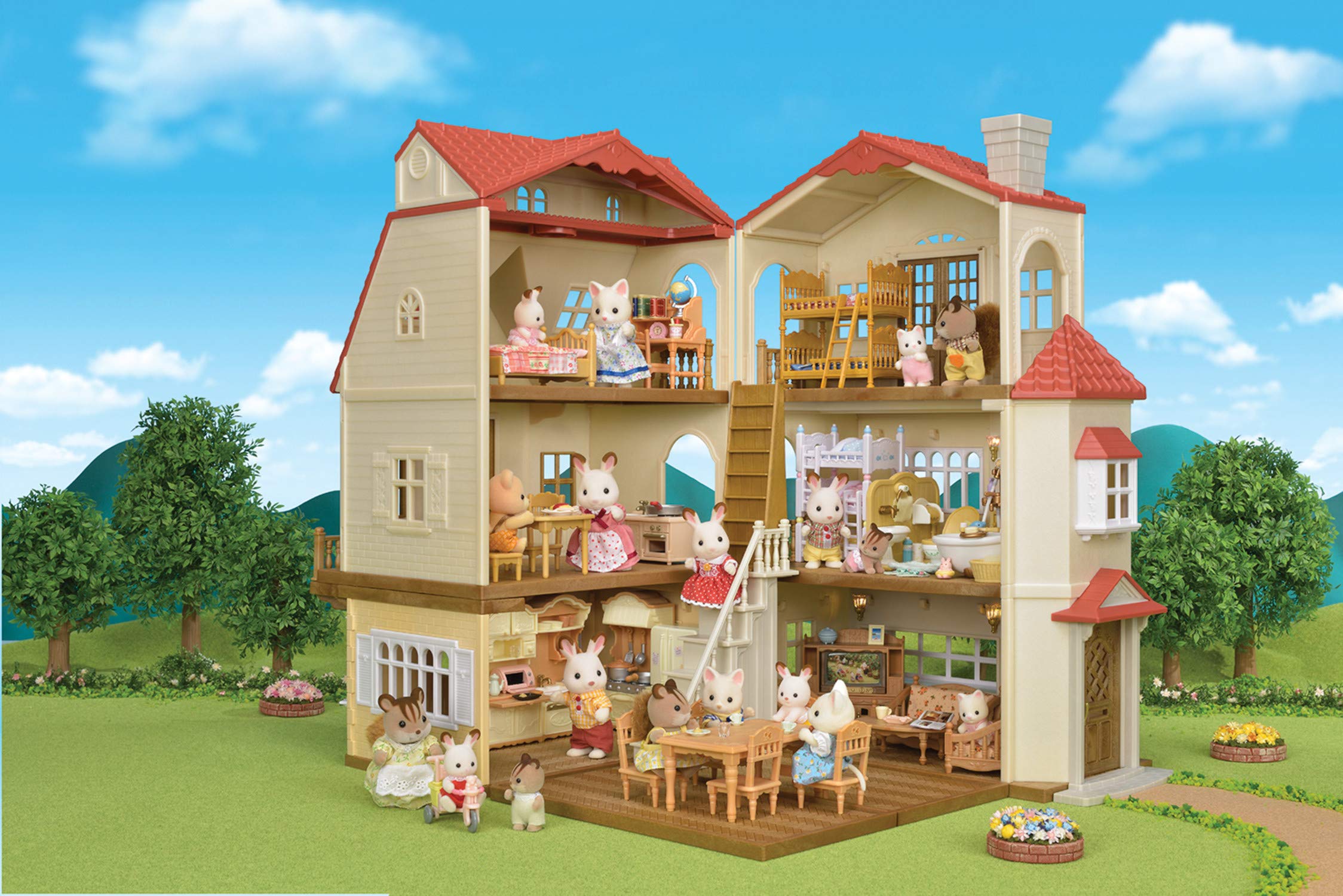 Calico Critters Red Roof Grand Mansion Gift Set, Dollhouse Playset with 3 Figures, Furniture, Vehicle and Accessories