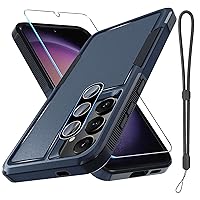 for Samsung Galaxy S24 Case, Full Body Heavy Duty Rugged Shockproof Protective Phone Cover with Lanyard Strap, Tempered Glass Screen Protector and Camera Lens Cover, Navy Blue