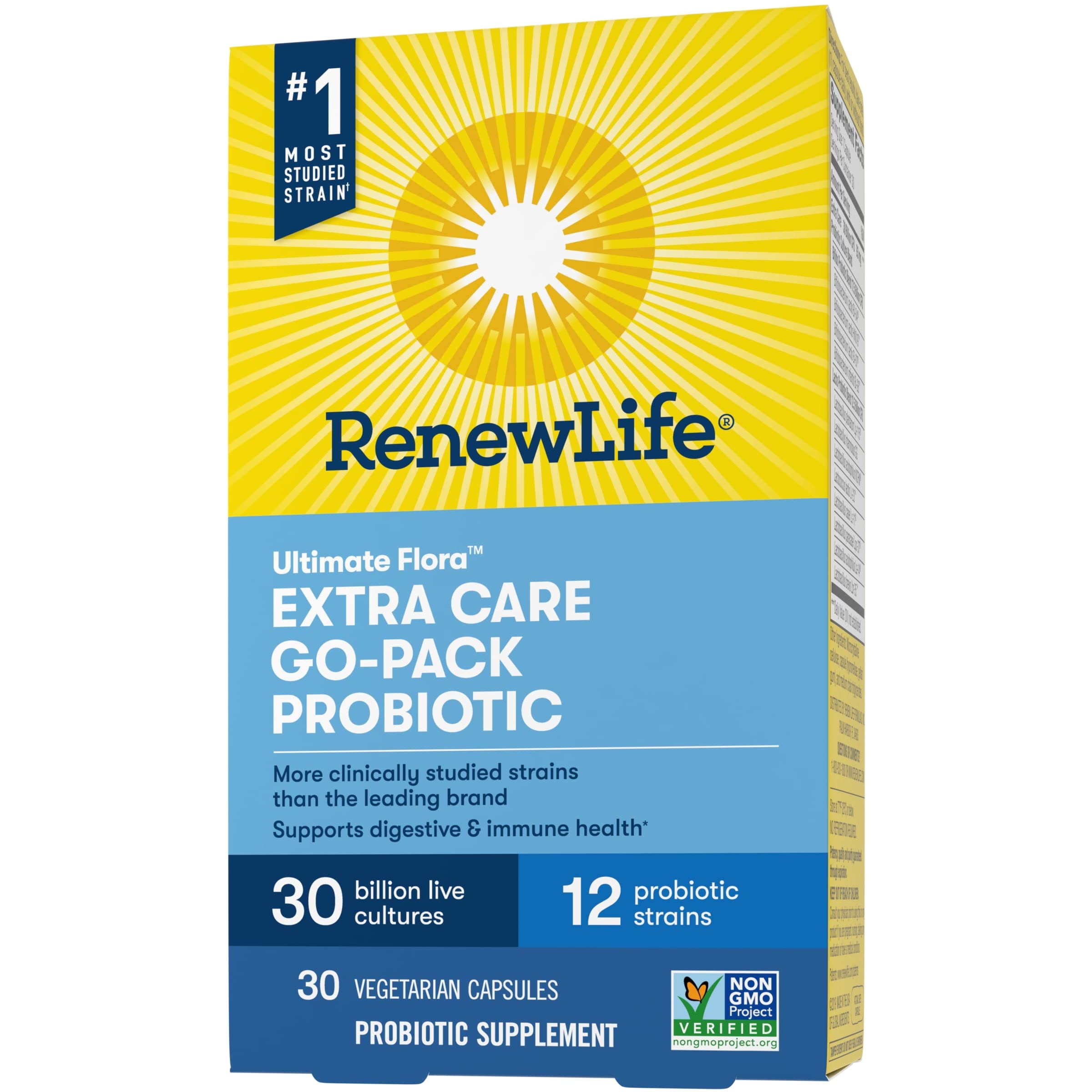 Renew Life Adult Probiotics, 30 Billion CFU Guaranteed, Extra Care Go-Pack, Probiotic Supplement for Digestive & Immune Health, Shelf Stable, Gluten Dairy & Soy Free, 30 Capsules