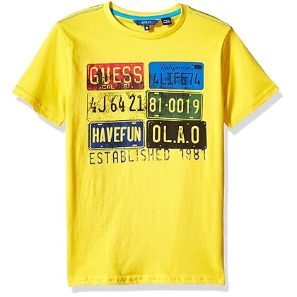 Guess Boys' Big Short Sleeve License Plate T-Shirt, Hyper Glow, 14