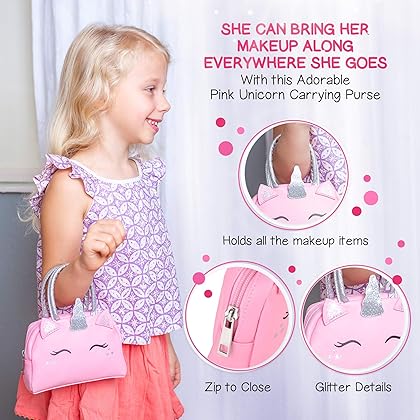 Kids Real Makeup Kit for Little Girls: with Pink Unicorn Bag - Real, Non Toxic, Washable Make Up Toy - Gift for Toddler Young Children Pretend Play Set Vanity for Ages 3 4 5 6 7 8 9 10 Years Old