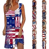 Patriotic Dress for Women 4th of July Dress for Women America Flag Print Sexy Vintage Fashion with Sleeveless Round Neck Splice Dresses Blue X-Large