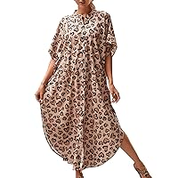 Chunoy Women Casual Loose Lightweight V Neck Button Down Kimono Cover Up Kaftan Dress