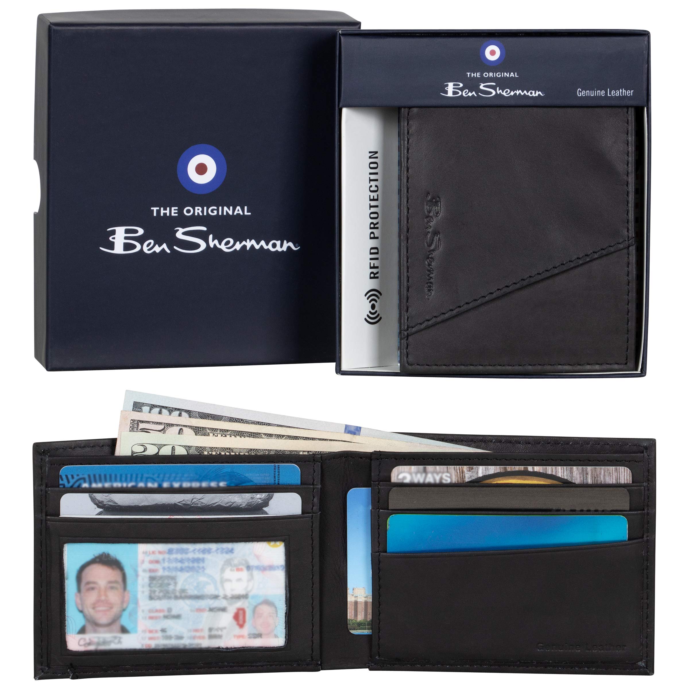 Ben Sherman Men's Manchester Bifold Slim Wallet Full-Grain Leather RFID Minimalist Gift Box