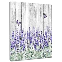 MEUNEAR Farmhouse Lavender Canvas Wall Art Purple Floral with Green Leaf and Butterfly on Rustic Wood Wall Art Spring Flower Plant Framed Wall Art for Bathroom Bedroom Living Room,16L X 12W inches