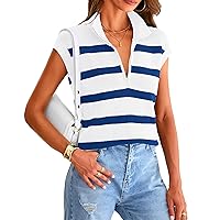 PRETTYGARDEN 2024 Summer T Shirts for Women Casual 1/2 Zip Cap Sleeve V Neck Striped Knit Tee Tops Blouses