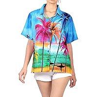 LA LEELA Women's Button Down Blouses Casual Summer Beach Party Short Sleeve Tropical Vacation Blouse Shirt Colorful Button Up Dress Hawaiian Shirts for Women M Palm Evening, Blue