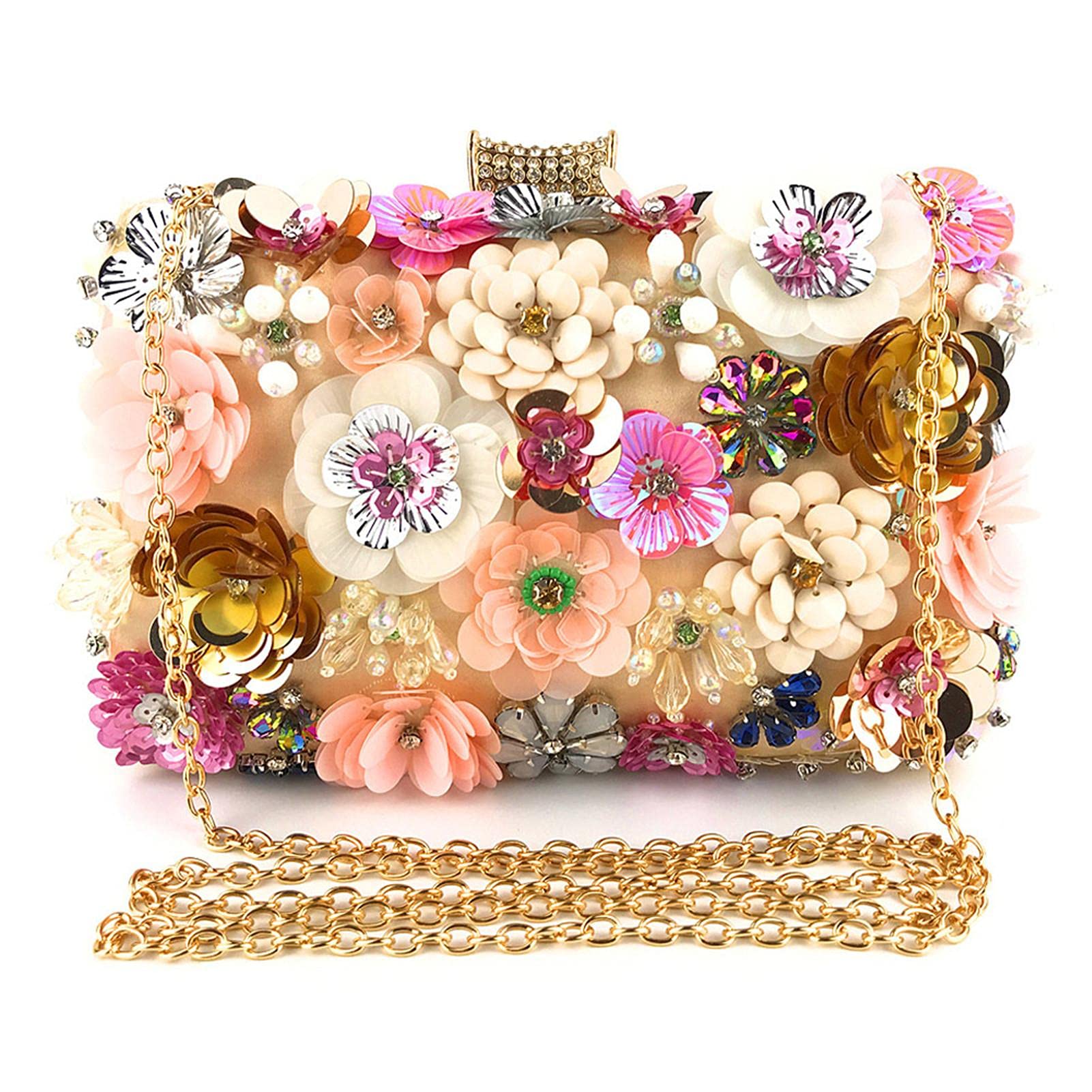Floral Evening Bag Clutch Purse, Women Wedding Handbags with Beaded Sequins Flowers, Simulation Leather Shoulder Bag for Wedding, Bridal, Dinner, Wedding, Cocktail Party, Formal Occasions yahede
