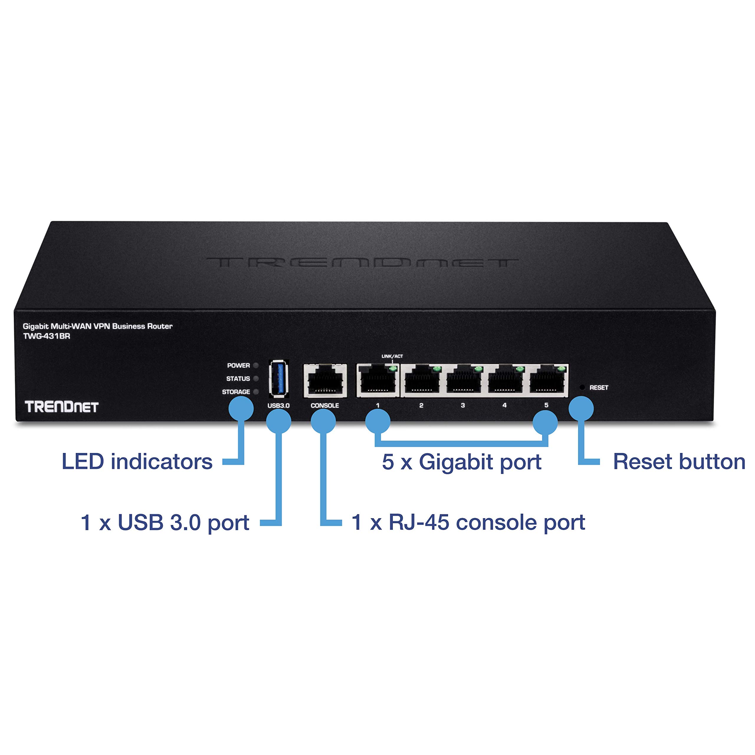TRENDnet Gigabit Multi-WAN VPN Business Router, TWG-431BR, 5 x Gigabit Ports, 1 x Console Port, QoS, Inter-VLAN Routing, Dynamic Routing, Load-Balancing, High Availability, Online Firmware Updates