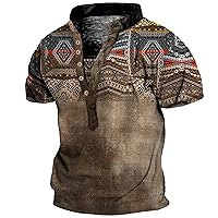 Mens Short Sleeve Shirts,Men's Henley T-Shirt Ethnic Aztec Print Tops Blouse Casual Button Down Sports Retro Shirts