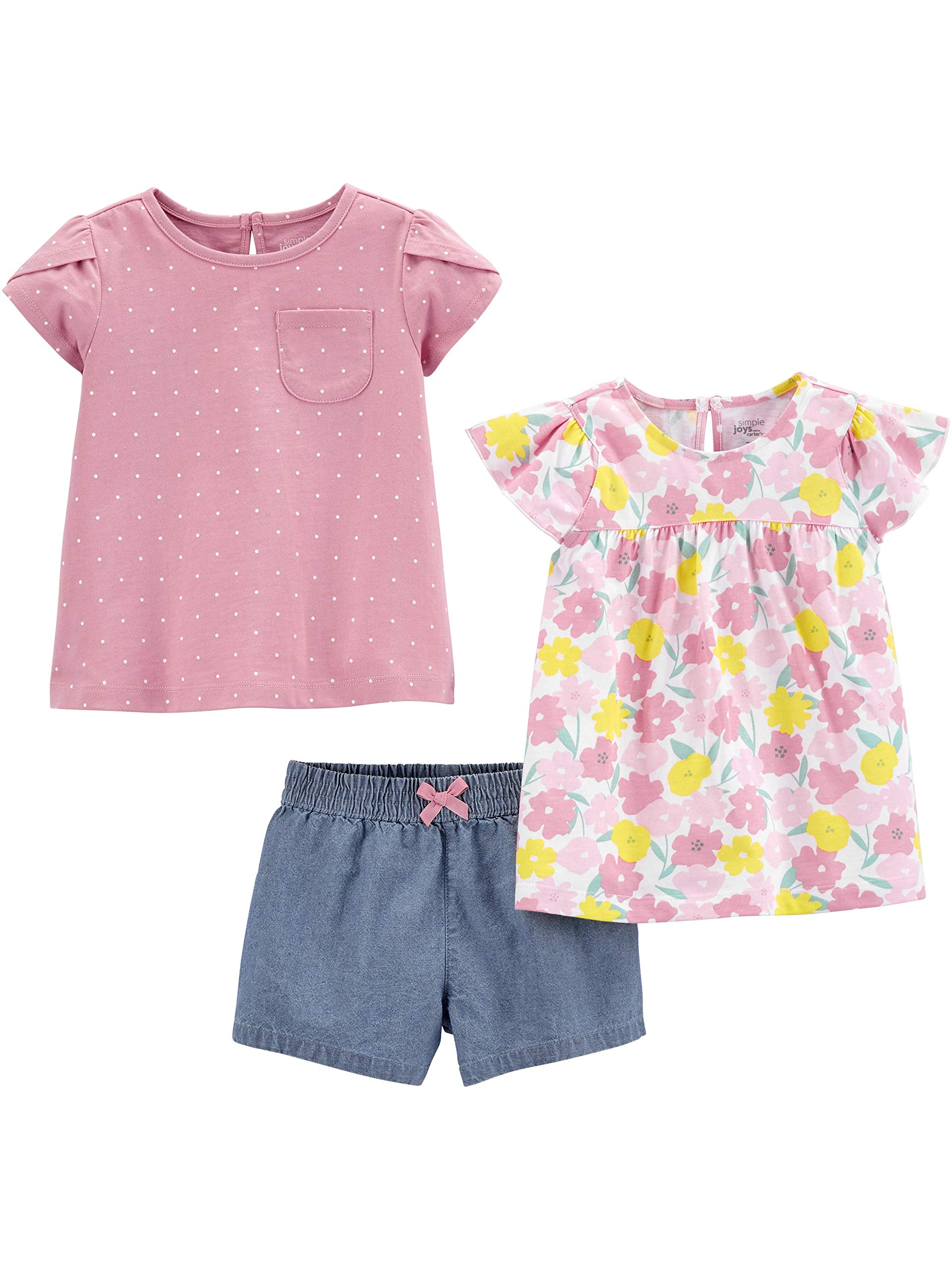 Simple Joys by Carter's Toddler Girls' 3-Piece Playwear Set, Denim/Pink Dots/White Floral, 4T
