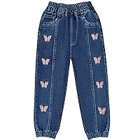 Peacolate 3-11 Years Kids Big Girls Loose Jeans Embroidered Butterfly Dark Blue Denim Pants Trousers(Butterfly,9-10years)