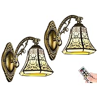 Tiffany Rechargeable Wall Sconces Set of 2,Indoor Non Hardwire LED Wall Lights Battery Operated Sconce with Remote,Vintage Glass Shade Wall Lamp light Fixture for Bedroom Kitchen Living Room Doorway