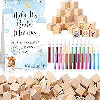 125 Pcs Baby Shower Decorate a Block Game Set Includes Help Us Build Memories Sign 100 DIY Blank Wooden Block 24 Paint Marker Baby Shower Prize for Wedding Baby Shower Game (Bear)