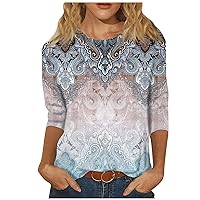 Summer Tops for Women, Womens Tops 3/4 Sleeve Summer Ethnic Floral Slim Tops Crewneck Slim Fit Tshirts Spring Blouse