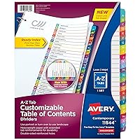 Avery A-Z 26 Tab Dividers for 3 Ring Binders, Customizable Table of Contents, Multicolor Tabs, 1 Set, 12 Packs (11844)