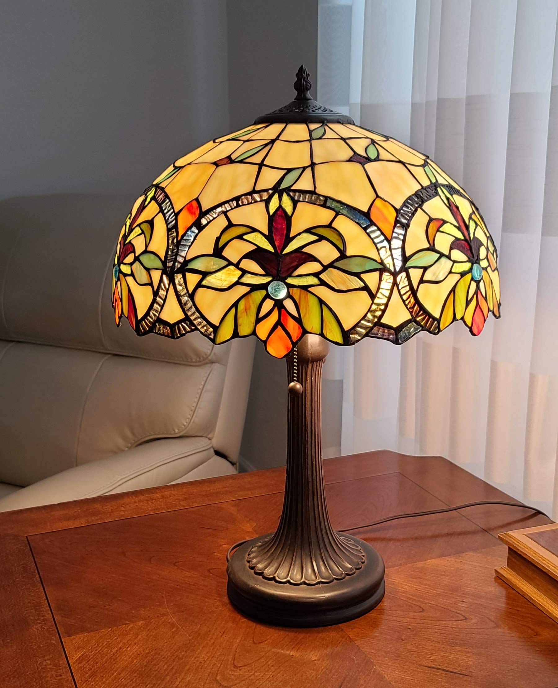 Tiffany Style Table Lamp Banker 23" Tall Stained Glass Green Tan Orange Yellow Floral Flower Vintage Antique Light Décor Living Room Bedroom Ha...