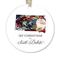 DIGIBUDDHA Ornament Gift Christmas Ceramic Keepsake First 1st Holiday Season Living in SOUTH DAKOTA Collectible Present for Family Friends Pretty Floral Blooms 3
