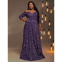 Dresses for Women 2023 Plus Off Shoulder Sequin Formal Dress (Color : Purple, Size : 3X-Large)