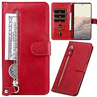 XYX Zipper Wallet Case for Samsung A25 5G, Solid Color PU Leather Folio Flip Phone Case Cover with Wrist Strap Kickstand for Galaxy A25 5G, Red