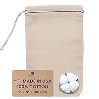 Muslin Bags - 100% Cotton Drawstring Bags Medium 100pcs, 4x6, Reusable Tea Bags, Jewelry Gift, Spice and Pouch Gift Sachet Bags - Made in USA - (Red Hem & Natural Drawstring)
