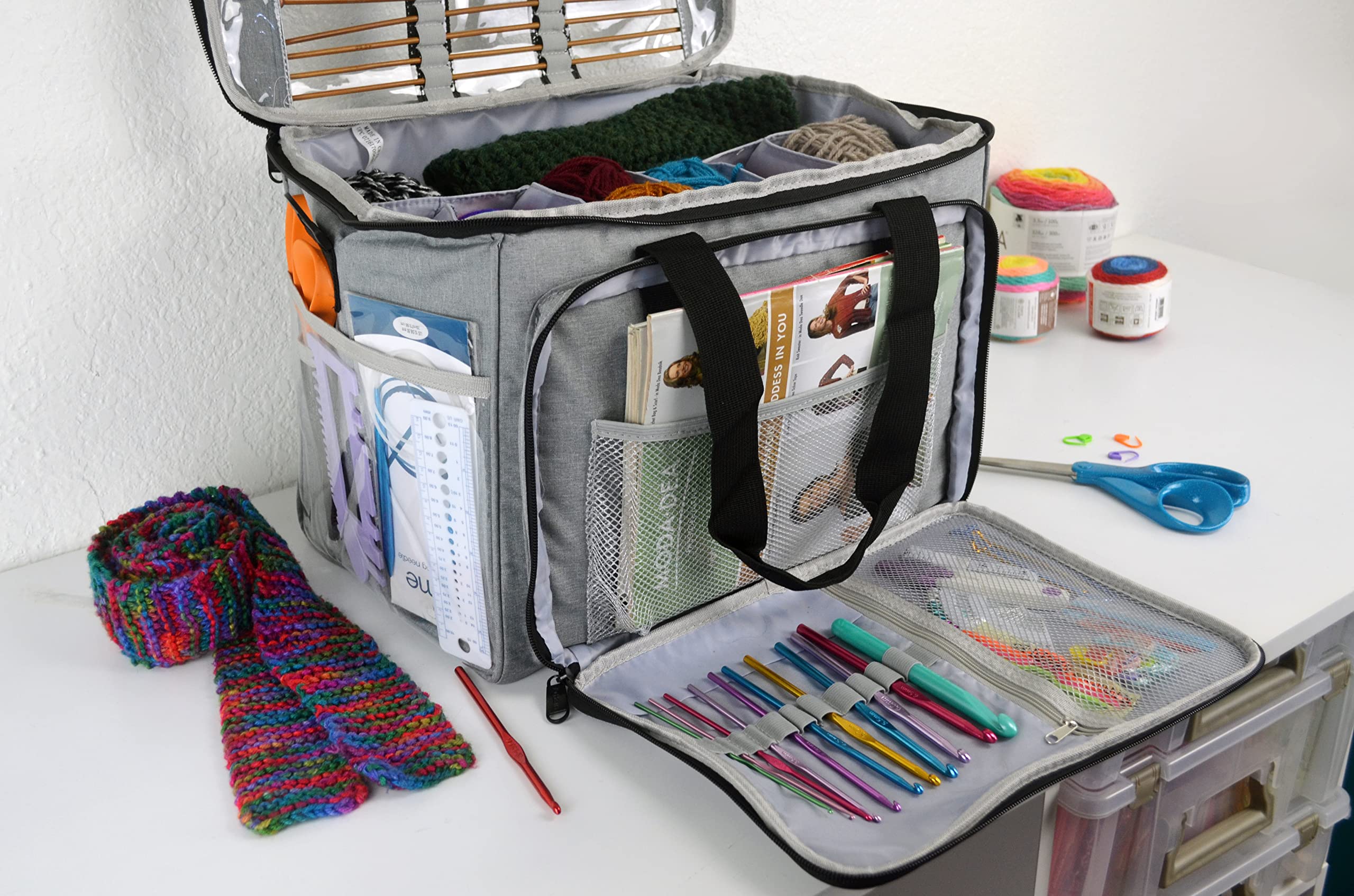 ArtBin 6938AG Needleworks Project Bag, Needleworks Project Bag with Removable Dividers, Split Main Compartment, & Pockets, Yarn & Project Storage, Grey