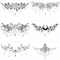 PAGOW 6pcs Fake Tattoos Women, Waterproof Floral Moon Bowknot Rose Realistic Temp Tattoo Stickers for Women Girl Chest, Waist (Large Size: 9.5x5.4inch/240x138mm) Black