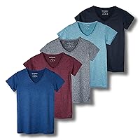 Real Essentials 5 Pack: Women's Short Sleeve V-Neck Activewear T-Shirt Dry-Fit Wicking Yoga Top (Available in Plus)