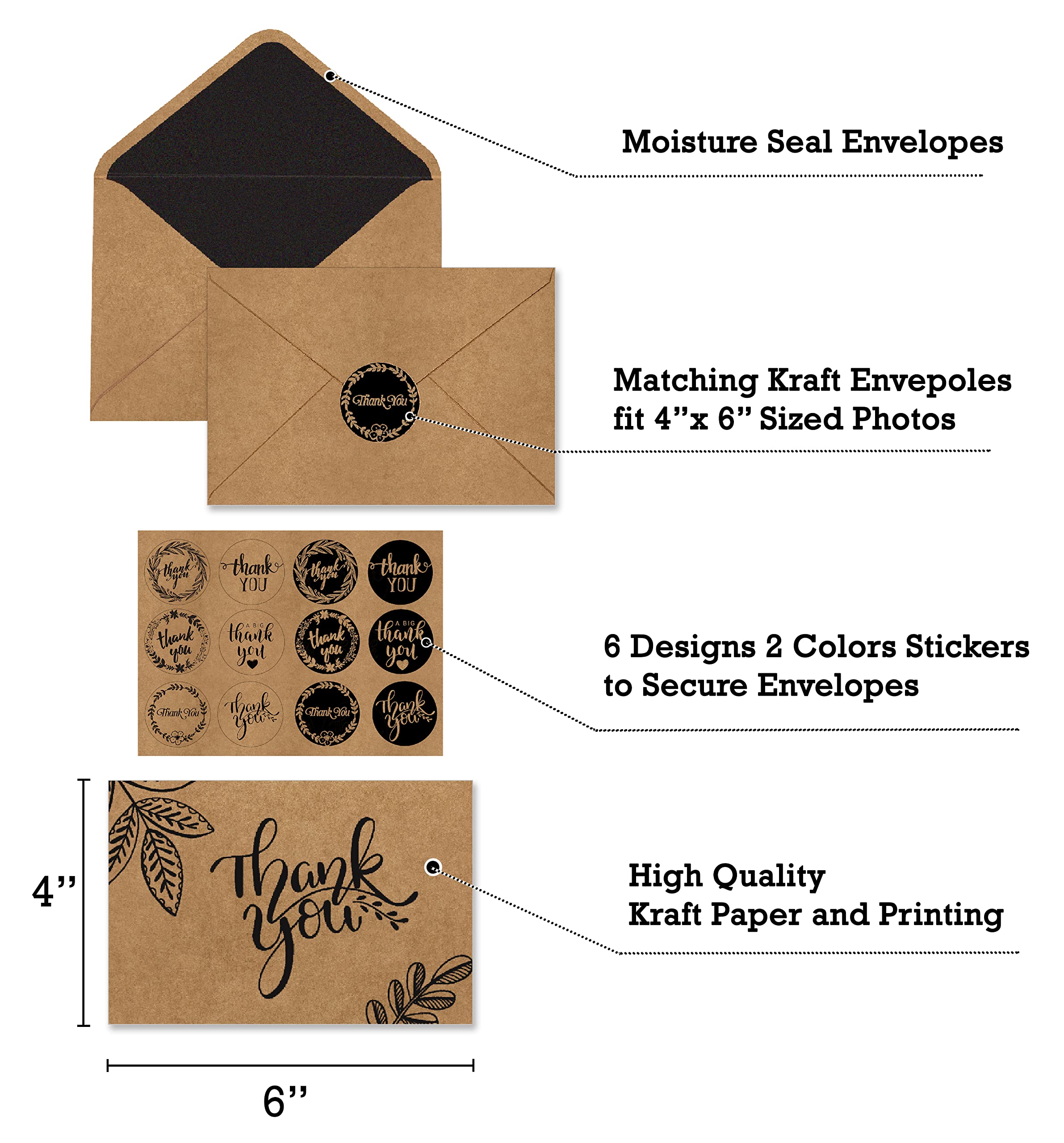 150 Thank You Cards with Matching Brown Kraft Envelopes and Stickers - Elegant 10 Designs Kraft Paper Bulk Blank Notes, Prefolded 4x6 Inch Blank