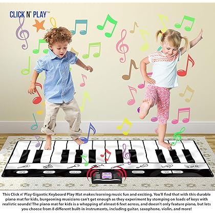 Click N' Play Mat with 24 Keys, 4 Unique Play Modes, 8 Musical Instrument Sounds | Music Mat Keyboard Toys | Floor Piano Pad Gift for Toddlers and Kids Ages 3-5,Black/White