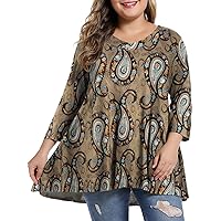 MONNURO Womens Plus Size 3/4 Sleeve V Neck Button Casual Loose Flowy Swing Tunic Tops Basic Tee Shirts for Leggings（Aa_ Paisley03,1X）