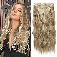 WECAN Clip in Hair Extension 20 Inch Ash Blonde Mix Bleach Blonde 6PCS Long Wavy Curly Hairpieces for Women Natural Thick Synthetic Fiber Double Weft Hair Full Head