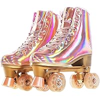 Roller Skates for Women, Holographic High Top PU Leather Rollerskates, Shiny Double-Row Four Wheels Quad Skates for Girls and Age 8-50 Indoor (Pink Rose Gold)