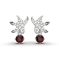 Round Natural Garnet And Diamond Star Dangle Earrings For Women And Girls / 14k Gold January Birthstone Earrings