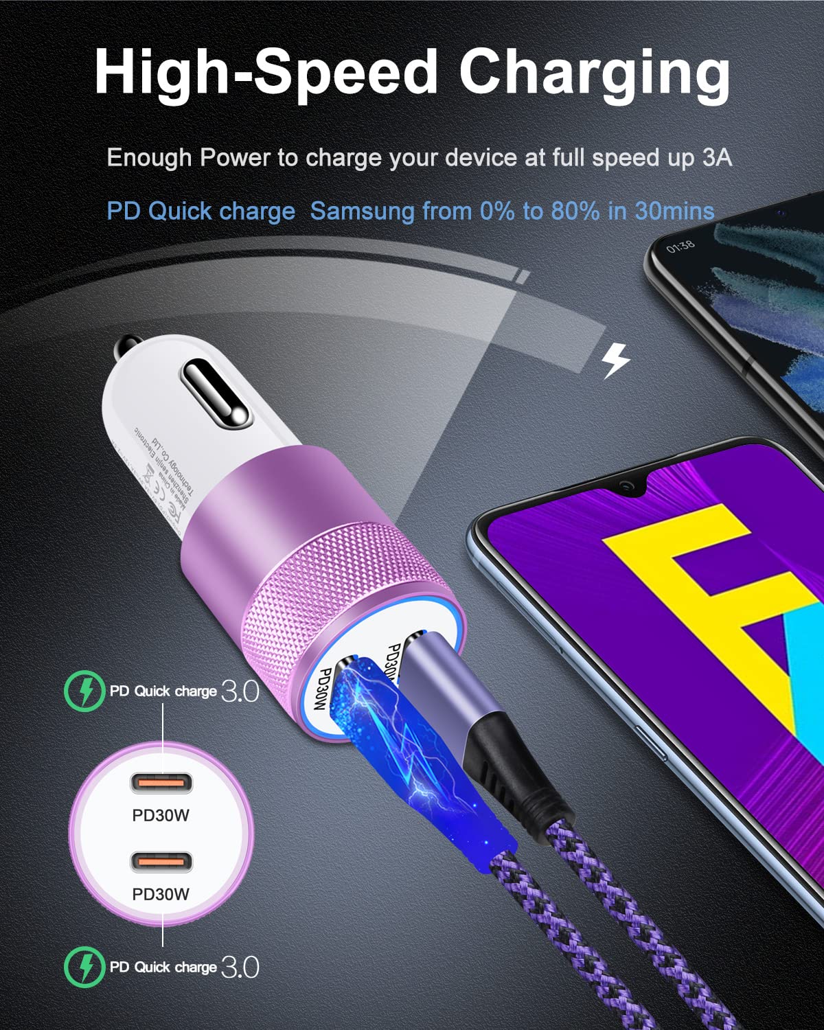 Car Charger USB C Fast Charge, AILKIN PD 30W Per Port Cargador Para Carro Plug Travel Block, Type C Cigarette Lighter Adapter Power Outlet for Galaxy S22 S21 S20 - S9 Series, iPhone, Pad, Motorola, LG