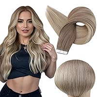 Tape in Hair Extensions Human Hair 12 Inch Double Sided Tape Hair Balayage 8 Ash Brown to 18 Ash Blonde And 60 Platinum Blonde Tape in Real Hair Extensions Straight Hair 30 Gram 20pcs