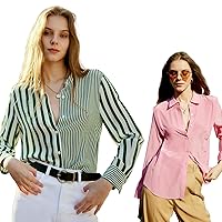 Silk Blouses for Women Long Sleeve Button-Down Elegant White & Green Striped Shirts and Women's 100% Pure Silk Lapel Luxury Pink Blouse Formal Fashion Tops Business Casual Smooth Shirt,M