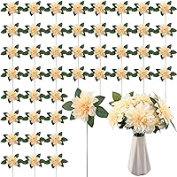 XunYee 50 Pack Artificial Wedding Dahlia Flowers Bulk Silk Dahlias with Stems and Green Leaves Fake Flora Decoration Faux Dahlia Bouquets for DIY Bridal Shower Wedding Party(Champagne)