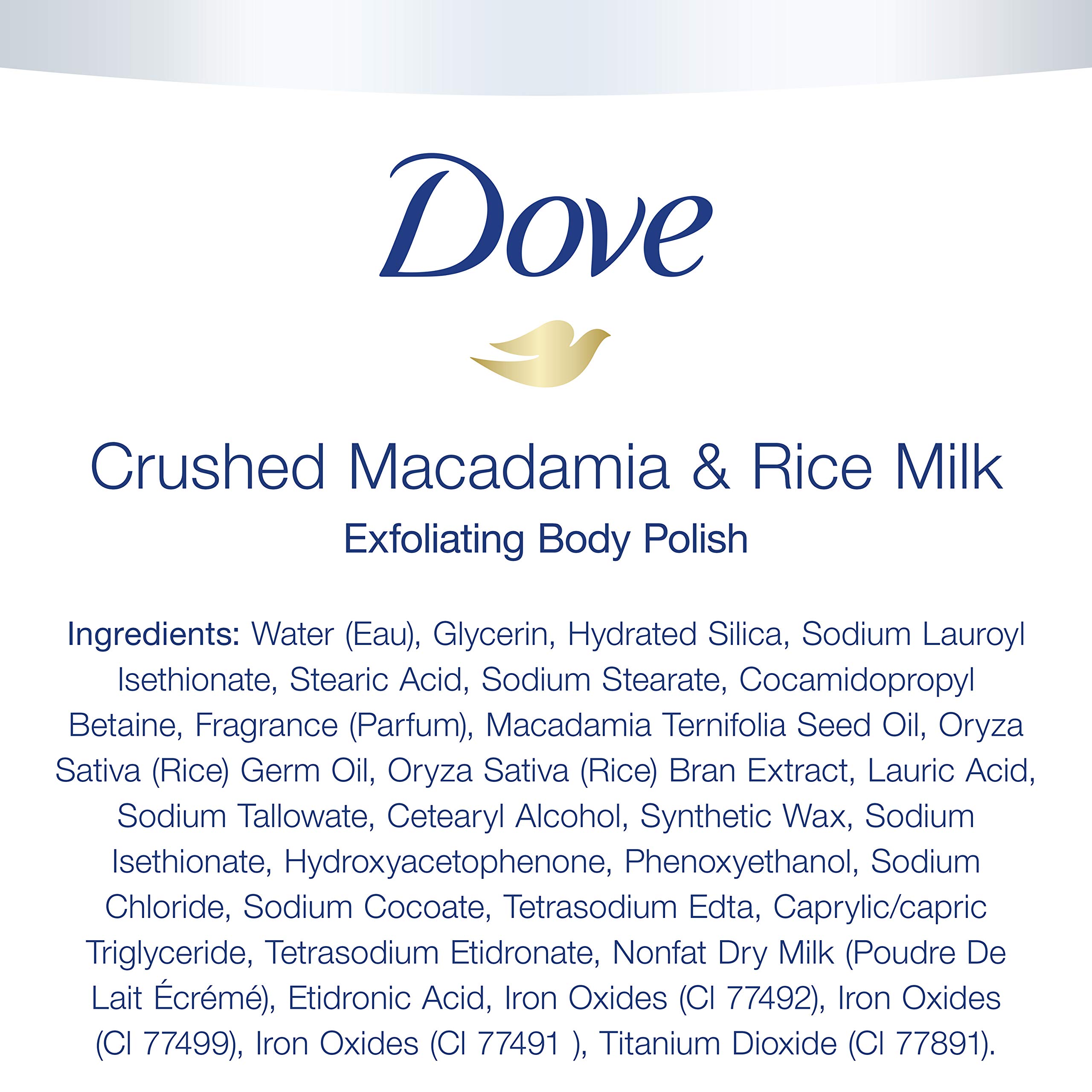 Dove Exfoliating Body Polish Scrub Reveals Visibly Smoother Skin Macadamia & Rice Milk Body Scrub That Nourishes Skin, 10.5 Ounce (Pack of 4)