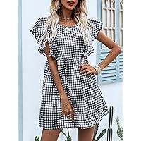 Women's Casual Dresses Gingham Butterfly Sleeve Dress Charming Mystery Special Beautiful (Color : Black and White, Size : X-Small)
