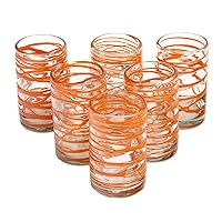 NOVICA Hand Blown Orange Recycled Water 13 Oz'Tangerine Swirl Glass, 6 Count (Pack of 1)