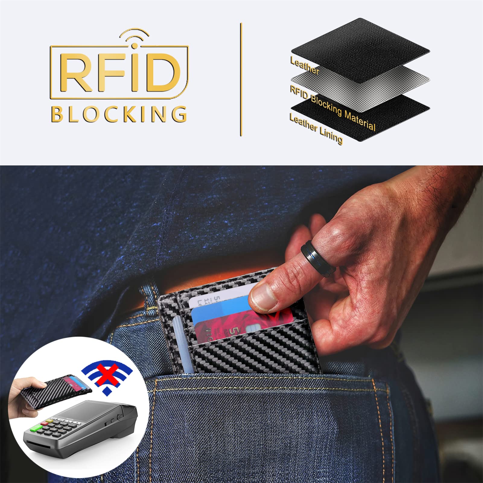 Travelambo Front Pocket Minimalist Leather Slim Wallet RFID Blocking Carbon Fiber Texture