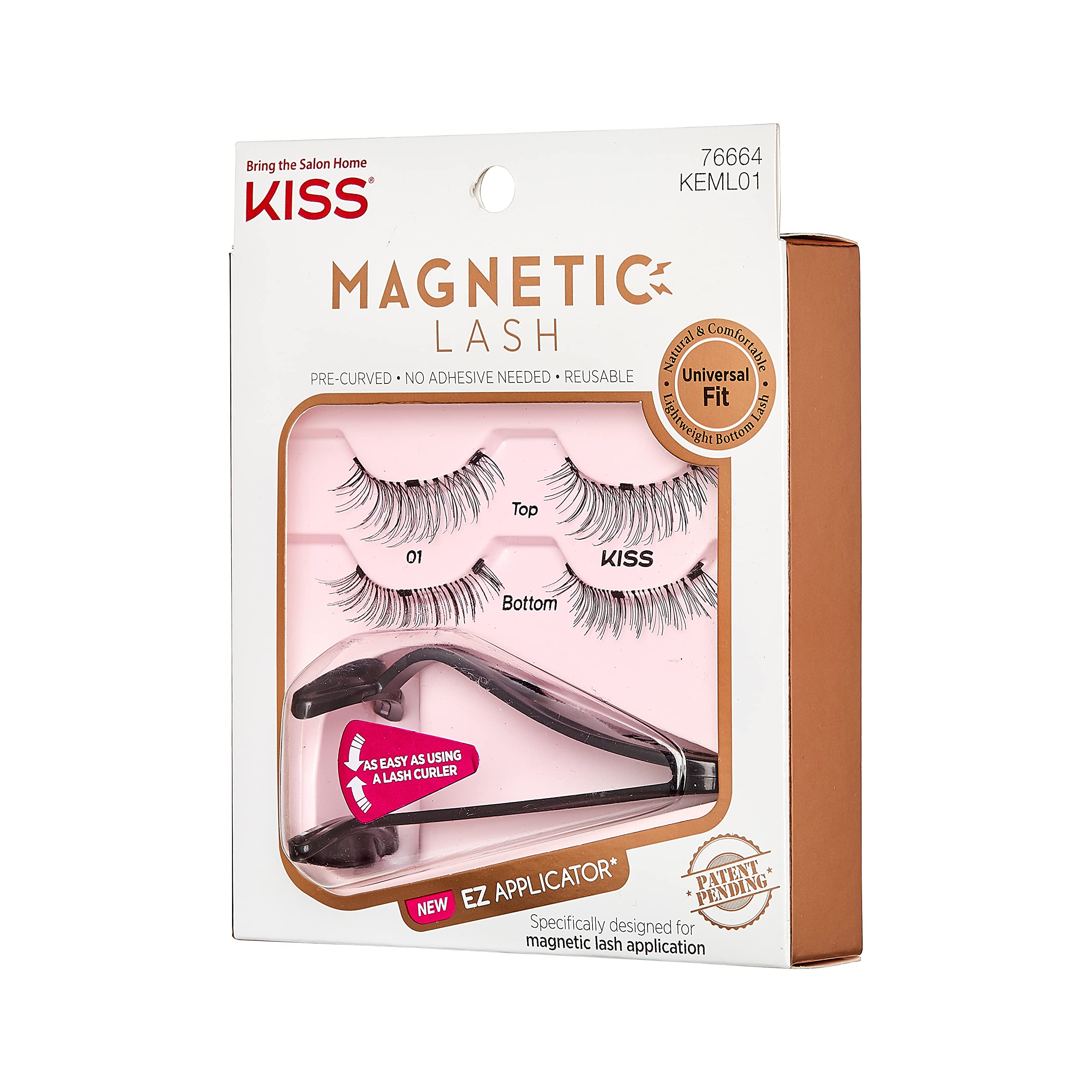 KISS Magnetic Lash 01, Synthetic False Eyelashes with Magnets Under and Over Your Upper Lashes, No Glue Needed, Lightweight, Reusable, Contact Lens Friendly, Cruelty Free, with Lash Applicator, 1 Pair
