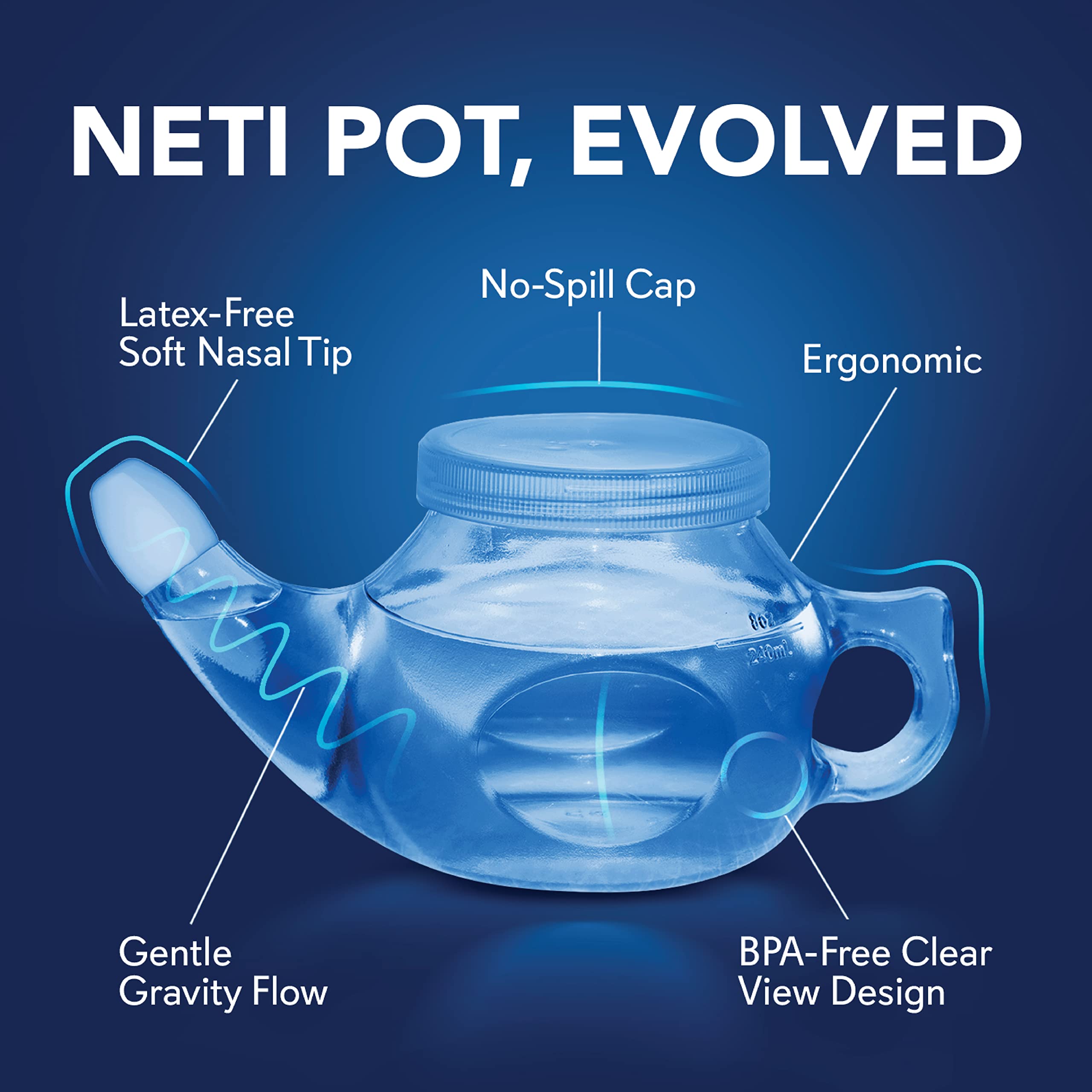 SinuCleanse Soft Tip Neti-Pot Nasal Wash Irrigation System Relieves Nasal Congestion & Irritation due to Cold & Flu, Dry Air, Allergies, Includes 30 All-Natural, Pre-Mixed Buffered Saline Packets