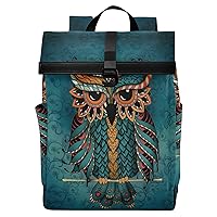 ALAZA Green Owl Print Patrick Boho Ethnic Large Laptop Backpack Purse for Women Men Waterproof Anti Theft Roll Top Backpack, 13-17.3 inch