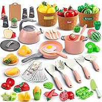 90Pcs Kitchen Playset Accessories, Pretend Cooking with Pots, Pans, Cookware, Food, Fruit, Veges, Color Sorting Baskets, Prop Money, Learning Gift for Girls Boys Toddlers (Pink)